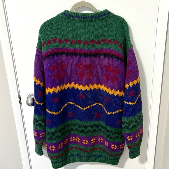 Vintage Handknit Wool Nordic Cardigan Sweater Pirple Green Blue size XLarge - Picture 3 of 9